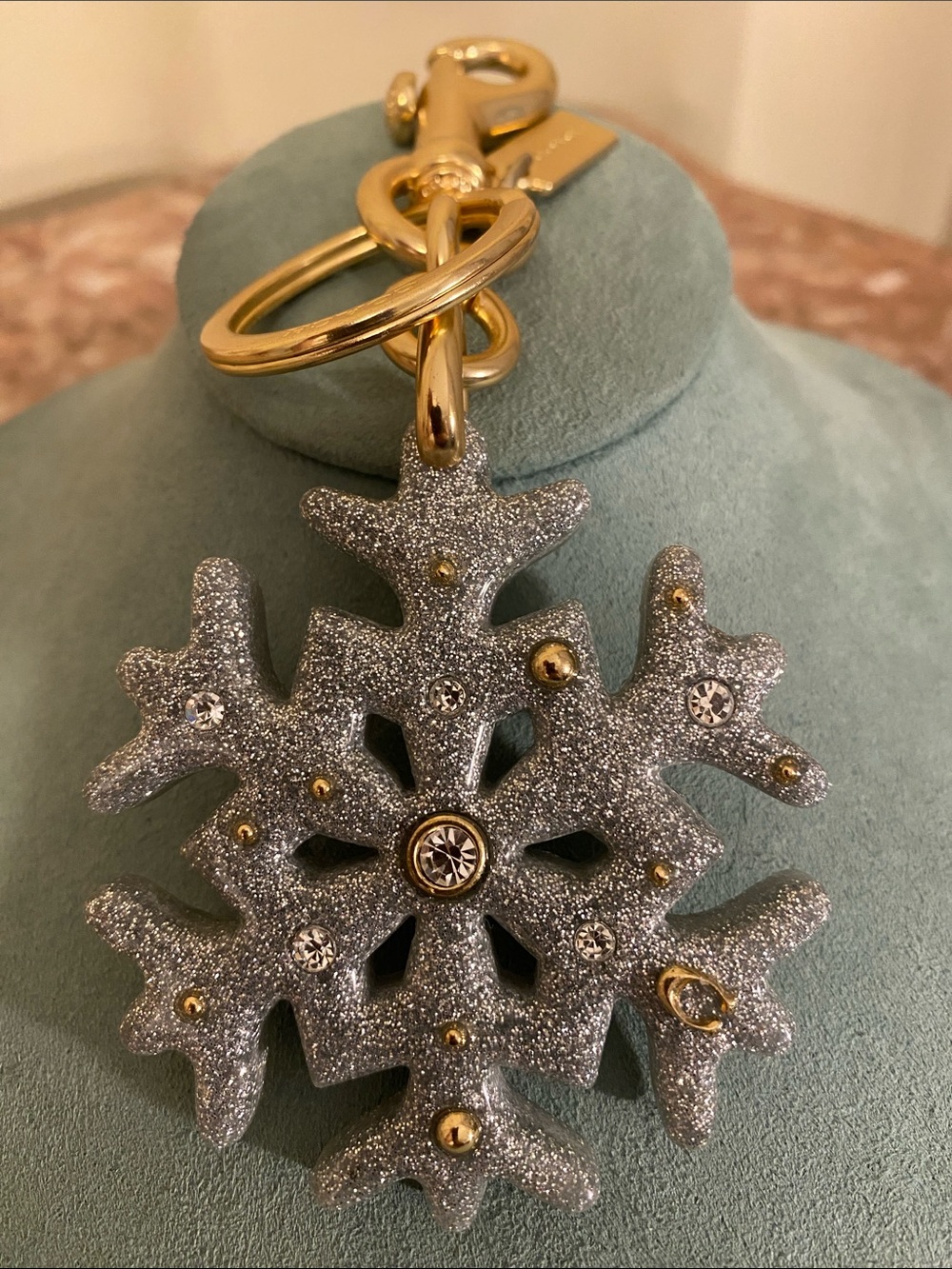 Coach Silver Glitter Snowflake Key & Card Holder with Gold Hardware holiday Fob